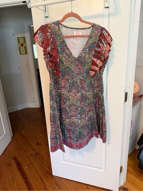Victoria Dunn Teal Floral V-Neck Dress with Coral Accents